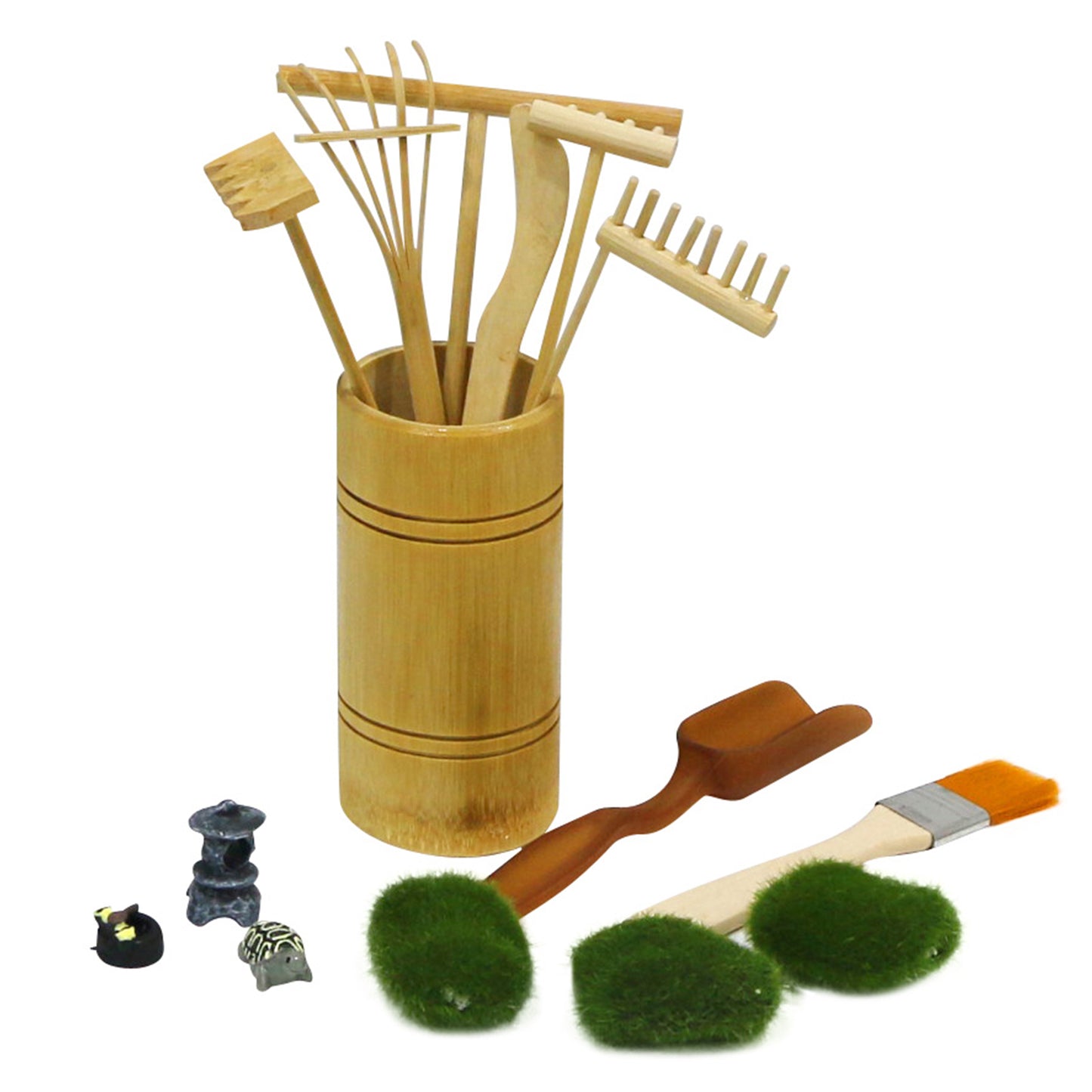 Mini Zen Garden Rake Tool - Tabletop Meditation Rock Sand Garden Kits with Moss Rakes Brusher Spoon Figurines Holder