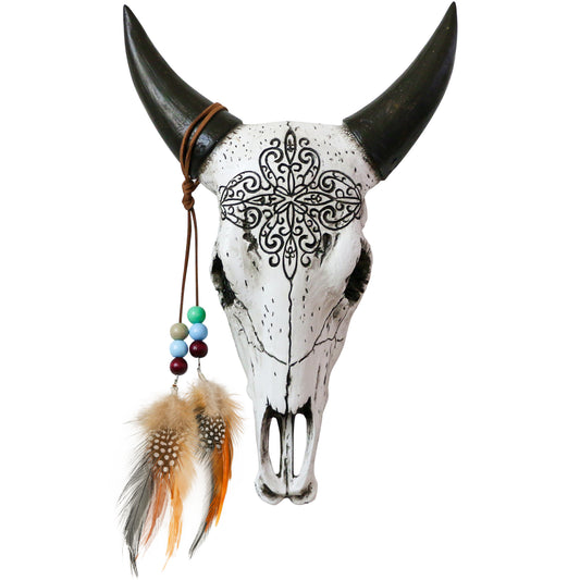 3D Bull Skull Wall Decor - Southwest Horned Cow Head Skull Wall Hanging w/ Feather Beads Resin Faux Steer Buffalo Animal Skull Wall Sculpture Wall Art Home Bedroom Living Room Boho Wall Ornament