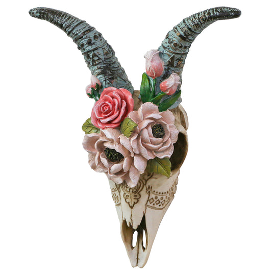 alikiki Animal Ram Skull Wall Decor - Floral Sheep Horned Head Skull Wall Hanging Resin Goat Wall Sculptures Taxidermy for Home Office Hotel Wall Art Ornament Living Room Boho Decorations