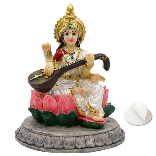 alikiki Small India Idol Sarawati Statue - 3.9”H Hindu Goddess Saraswati Figurine for Car Dashboard Decor Indian Home Office Temple Mandir Pooja Item Diwali Festival Puja Gift