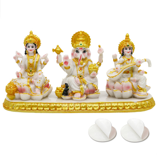 Indian Laxmi Ganesh Saraswati Statue - 3.9”H Small Marble Look Lakshmi Ganesha Idol Sculpture for Car Dashboard Hindu Temple Office Home Mandir Pooja Item Diwali Murti Puja Gifts