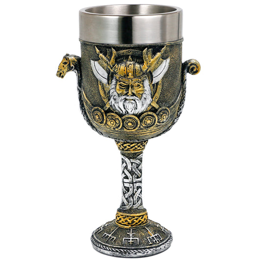 Medieval Viking Odin Wine Goblet - Viking Gifts for Men 7oz Stainless Steel Drinking Cup Norse Viking Warrior Dragon Ship Chalice Viking Fans Gifts Party Decoration