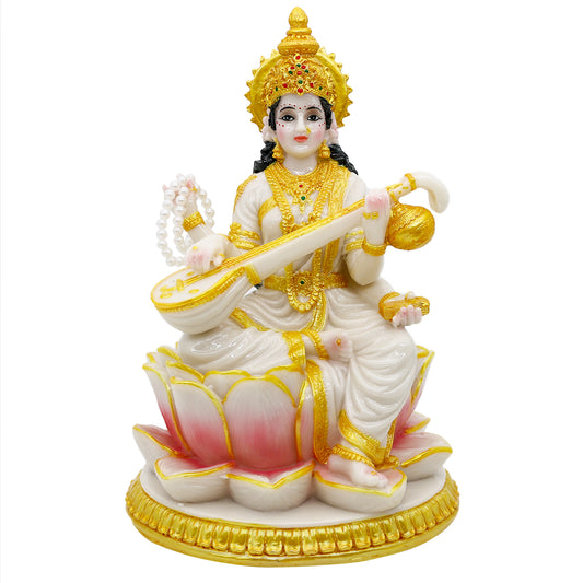 Big Hindu Goddess Saraswati Statue - 8.7”H Marble Look Indian Idol Saraswati Figurine India Diwali Murti Pooja Sculpture Home Office Temple Mandir Puja Item Altar Shrine Spiritual Decor