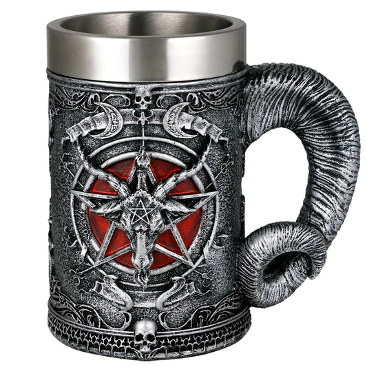 alikiki Medieval Baphomet Head Beer Mug - Sabbatic Goat Pentagram Drinking Tankard 21oz Stainless Steel Wine Coffee Cup Novelty Gothic Father Day Gift Party Decorations