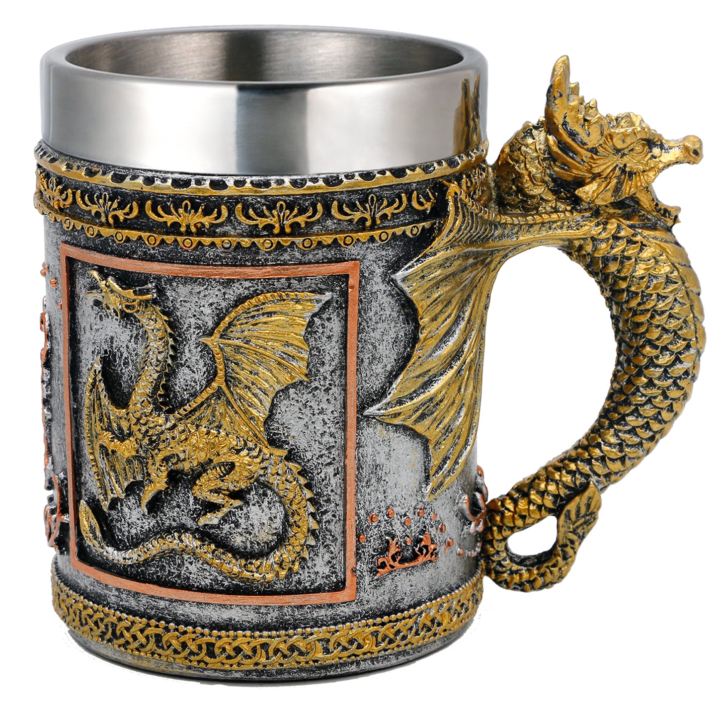 alikiki Medieval Dungeons and Dragons Coffee mug - 15.8oz Stainless Gold Roaring Dragon Beer Drink Mug for GOT Dragon Lovers Collector Ideal Novelty Gothic Father Day Gift Party Decoration