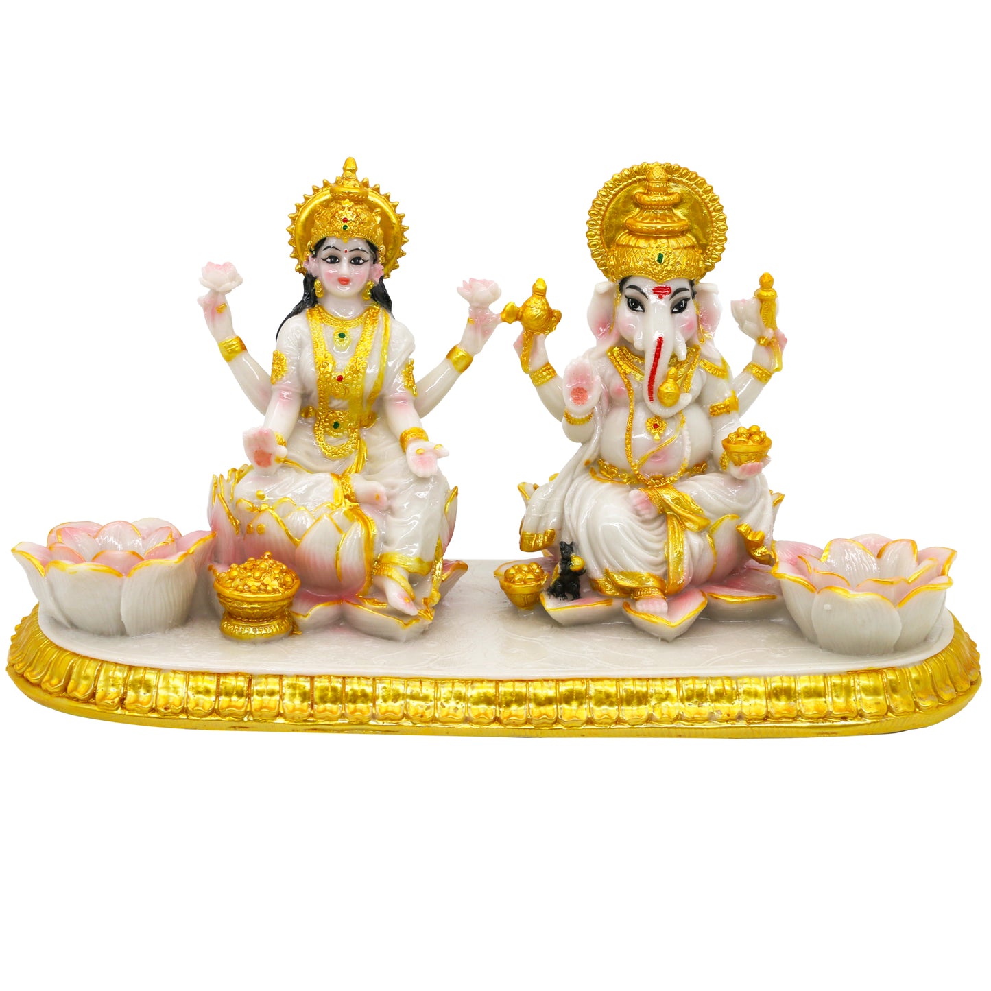 Ganesha Laxmi Statue Indian God - 5.3”H Marble Finish Indian Idol Lakshmi Ganesh Statue w/LED Diyas Diwali Gifts Diwali Decor Home Office Puja Item Hindu Altar Mandir Temple Pooja Murti