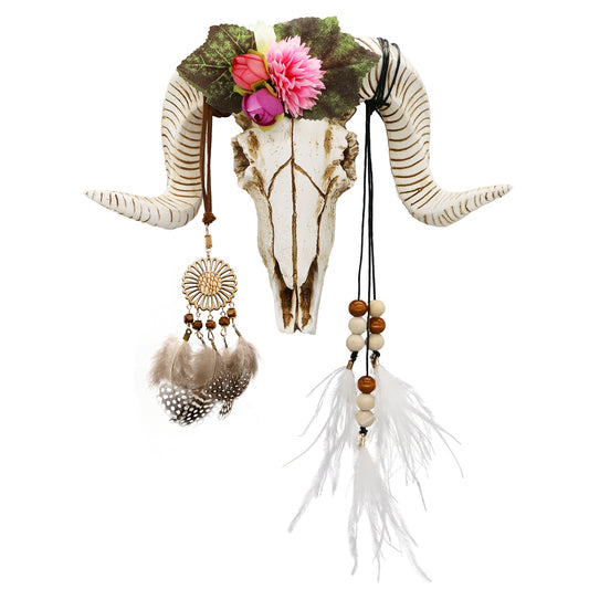 Animal Skull Head Decor - 3D DIY Flower Sheep Head Wall Hanging - Boho Chic Decor Faux Taxidermy Ram Sheep Head Wall Mount w/Dreamcatcher Feather for Bedroom Living Room 21pcs