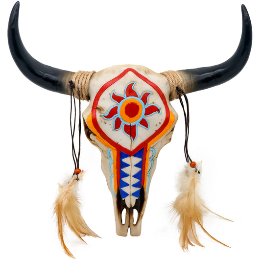 Southwest Tribal Bull Cow Skull with Feathers, Rustic Boho Longhorn Bison Steer Skull Wall Art Decor Faux Resin Animal Head Wall Mount Sculpture for Bedroom Living Room