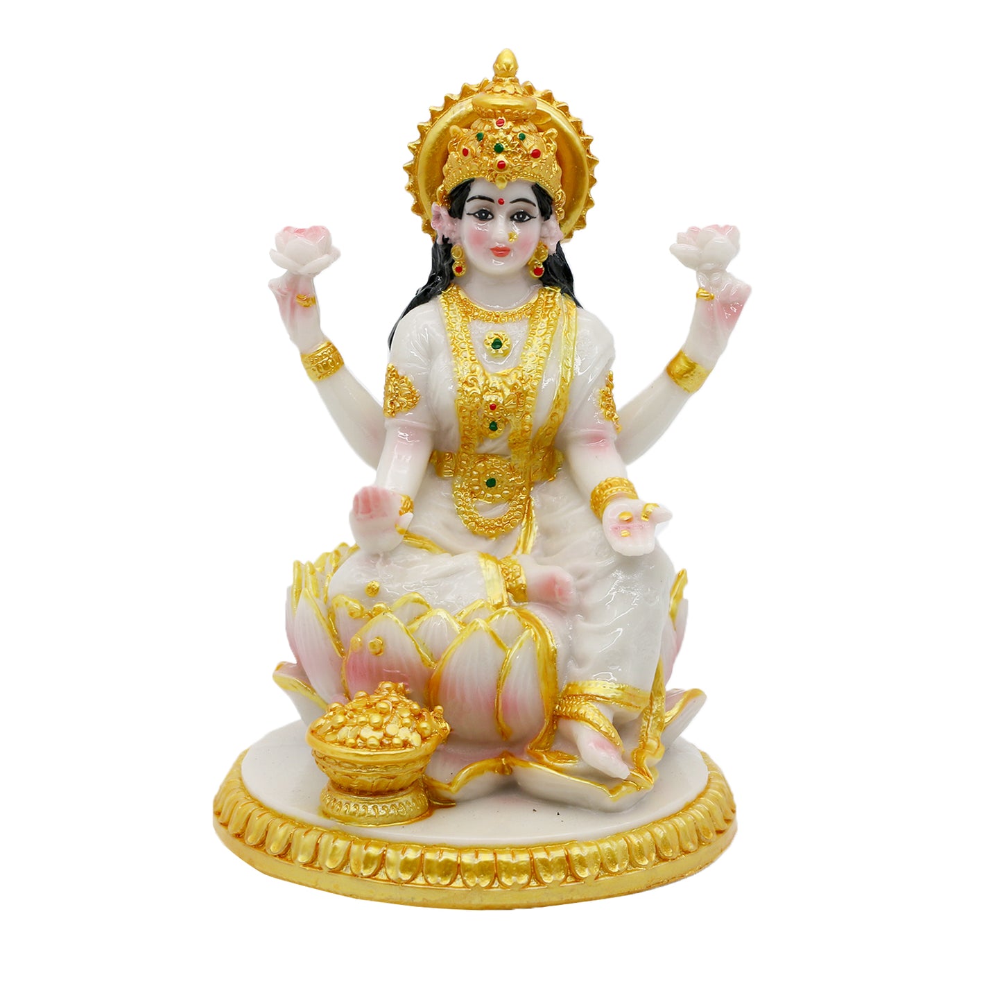 Indian Goddess Meditation Lakshmi Figurine - 5.7”H Marble Look Murti Laxmi Idol Statue for Home Office Temple Mandir Pooja Item Puja Decor Diwali Gifts Indian Spiritual Decor Gift