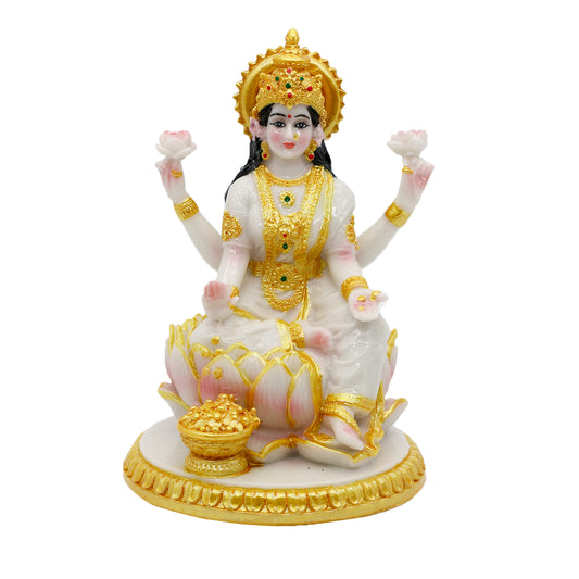 Indian Goddess Meditation Lakshmi Figurine - 5.7”H Marble Look Murti Laxmi Idol Statue for Home Office Temple Mandir Pooja Item Puja Decor Diwali Gifts Indian Spiritual Decor Gift