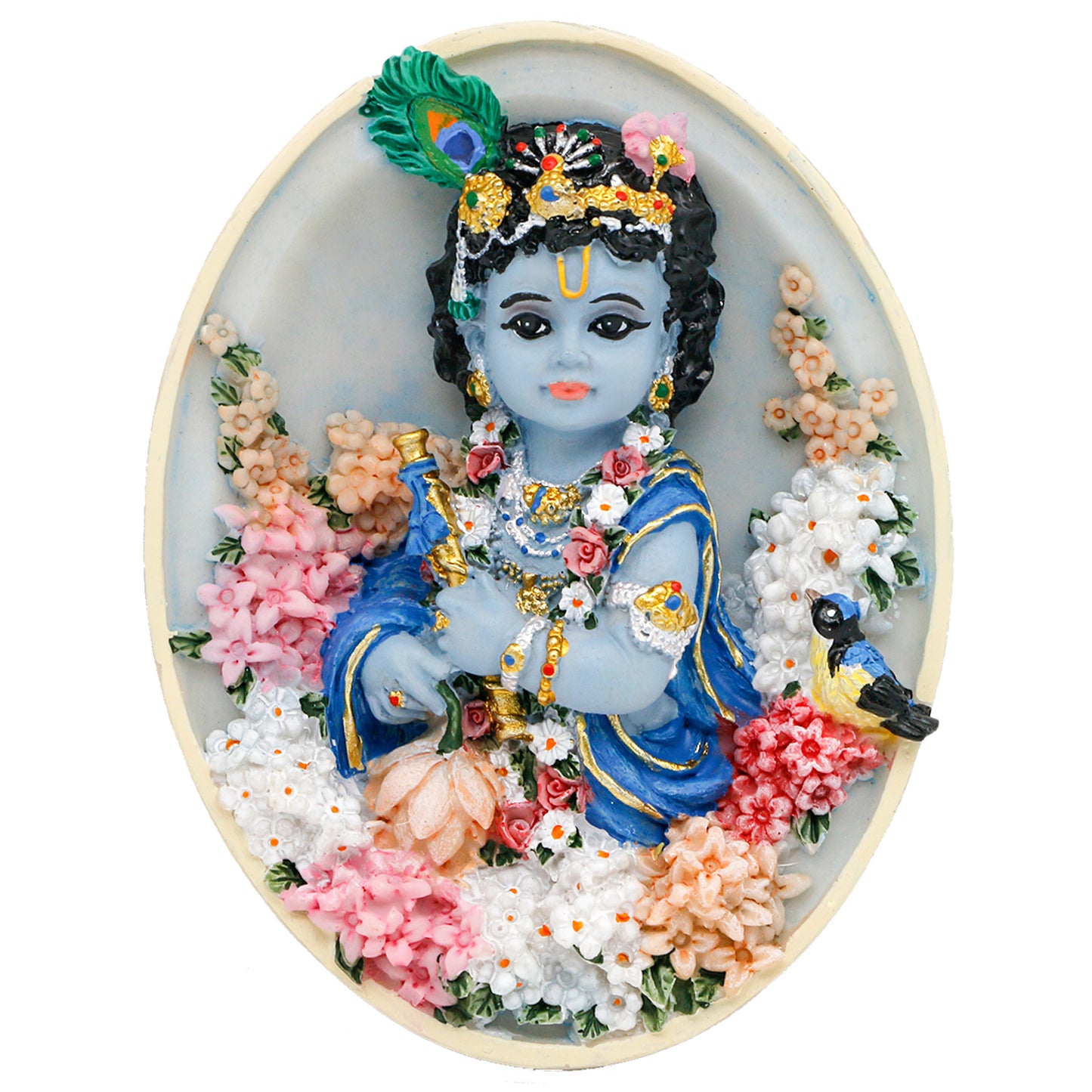 Alikiki Oval-Shape Krishna Wall Hanging - 4.6”H Hindu God Lord Baby Krishna Idol with Flute Flowers Indian Polystone Murti Pooja Figurine Home Office Altar Mandir Temple Puja Decor