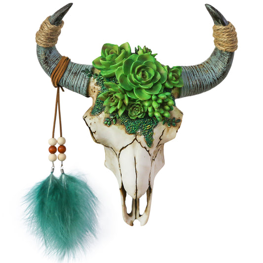 alikiki Bull Skull Head Wall Decor - Succulent Flowers Resin Cow Horn Southwestern Wall Hanging 3D Animal Sculpture Crafts Western Boho Decor for Bedroom Living Room