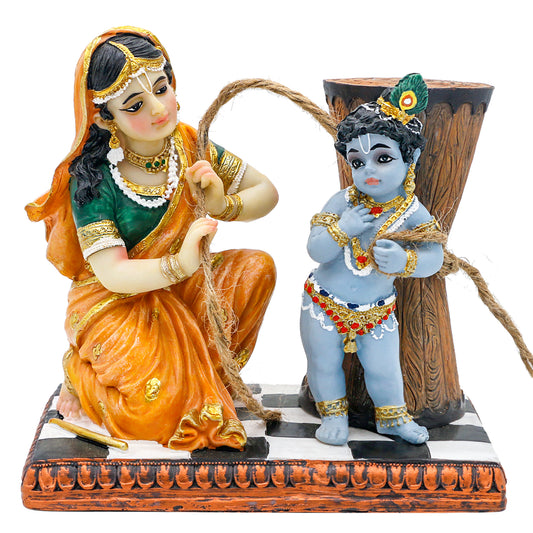 Maa Yashoda Binding Krishna Murti - Divine 5.1" Hindu God Lord Krishna Statue Hand Painted Polystone Sculpture Indian Diwali Gifts Pooja Item Office Home Temple Mandir Puja Decor