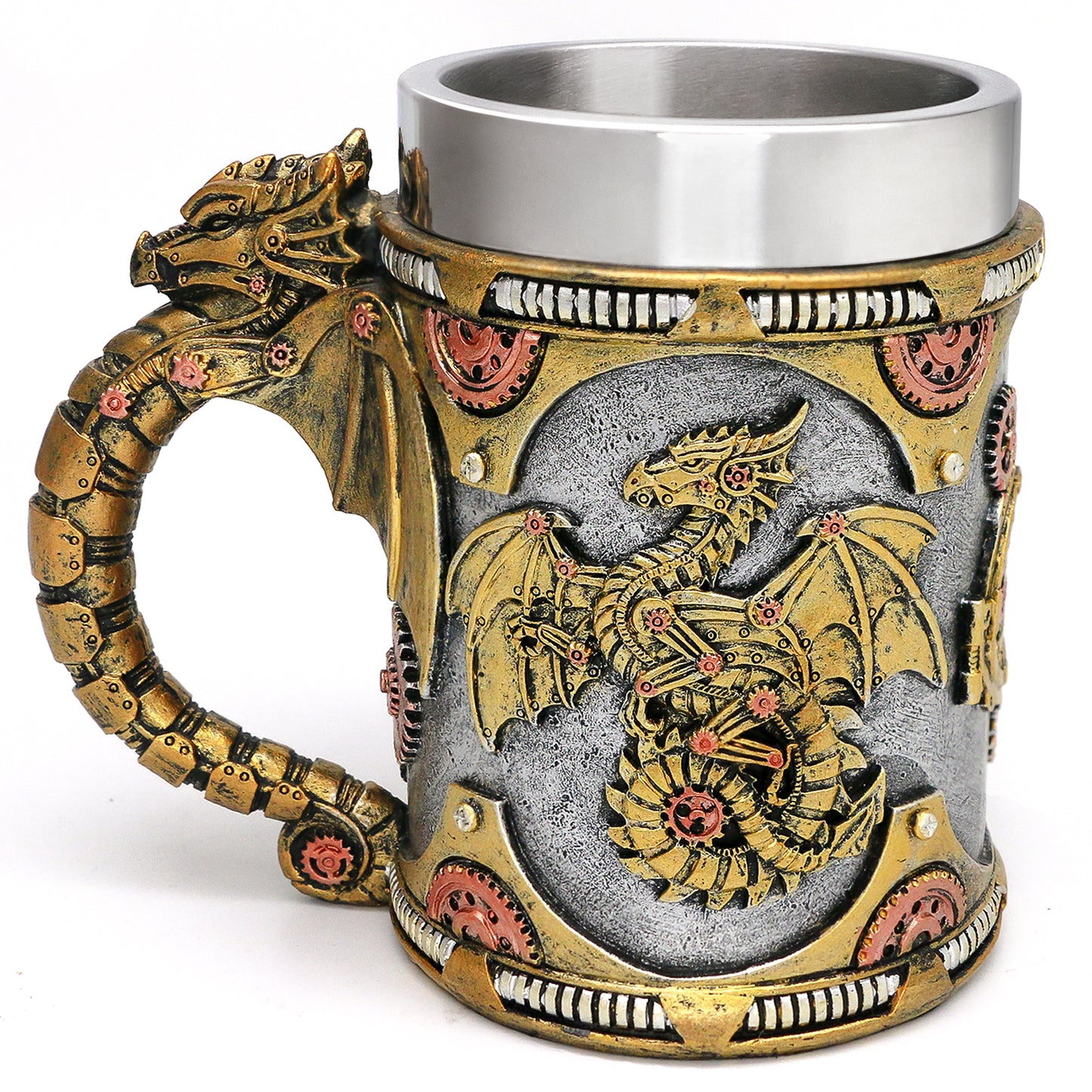 alikiki Medieval Steampunk Dragon Mug - Large Coffee Mug Mechanical Dragon D&D Gift for Men Father's Day Gifts - 21OZ Stainless Steel Party Gaming Mugs Beer Tankard