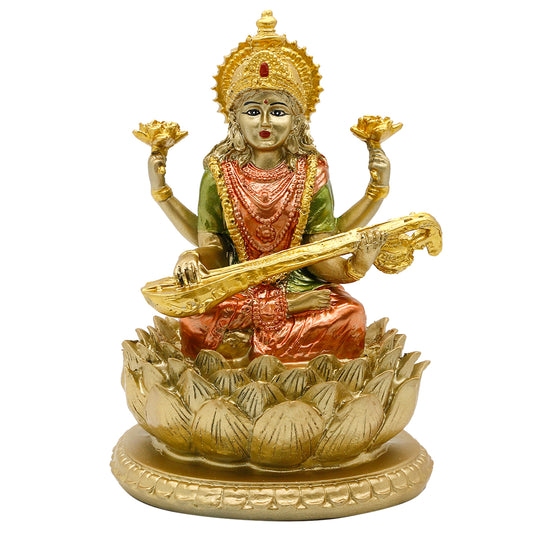 alikiki 6.5" H Sarswati Sitting on Lotus Figurines in Antique Gold Hindu God Staute for Home Office Mandir Altar Pooja Item Indian Saraswati Idol Statue for Diwali Puja Gifts