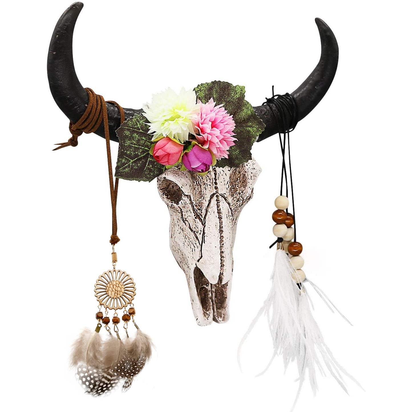 alikiki Floral Cow Skull Wall-Decor –DIY Faux Bull Skull Head Wall Hanging 3D Boho Chic Decor Western Steer Bison Animal Wall Sculpture w/Dreamcatcher Feather for Bedroom Living room