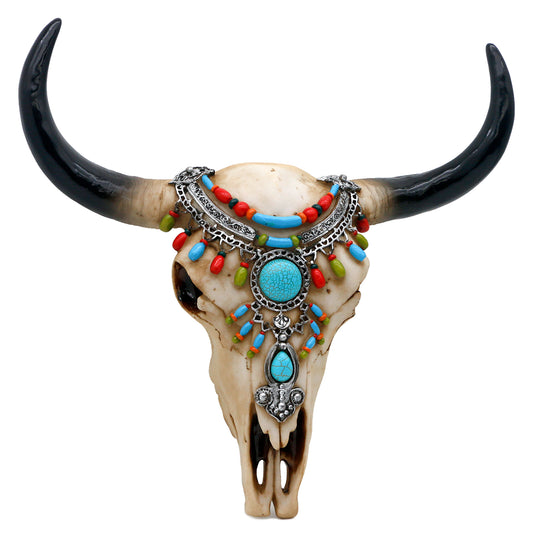 alikiki Southwest Cow Skull Wall Decor - Rustic Tribal Bull Head Skull with Turquoise Stone 3D Resin Long Horn Faux bison Steer Buffalo Skull Wall Hanging for Home Office Room Wall Art Ornament