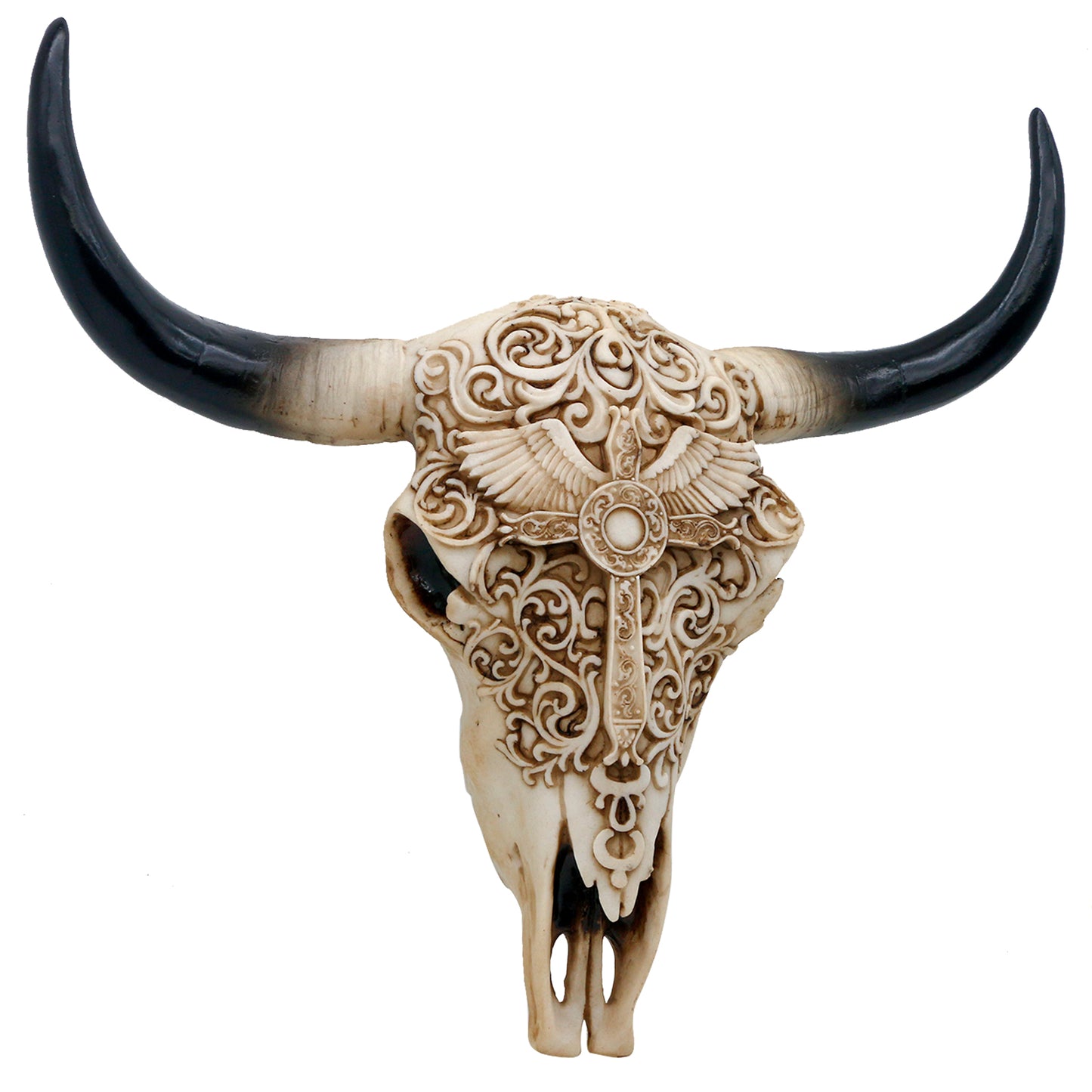 Western Cow Skull Wall-Decor - 12.2”Long Realistic Animal Head Wall Hanging Art Boho Cross Steer Bison Buffalo Bull Cow Horned Skull Home Wall Decor