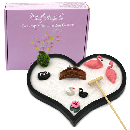 Desktop Mini Zen Garden Kit - Women Valentine's day Gifts Zen Decor Office Japanese Desk Tabletop Meditation Hear Shape Sand Garden Set Tools Rakes Miniature Accessories Unique Stress Relief Gifts