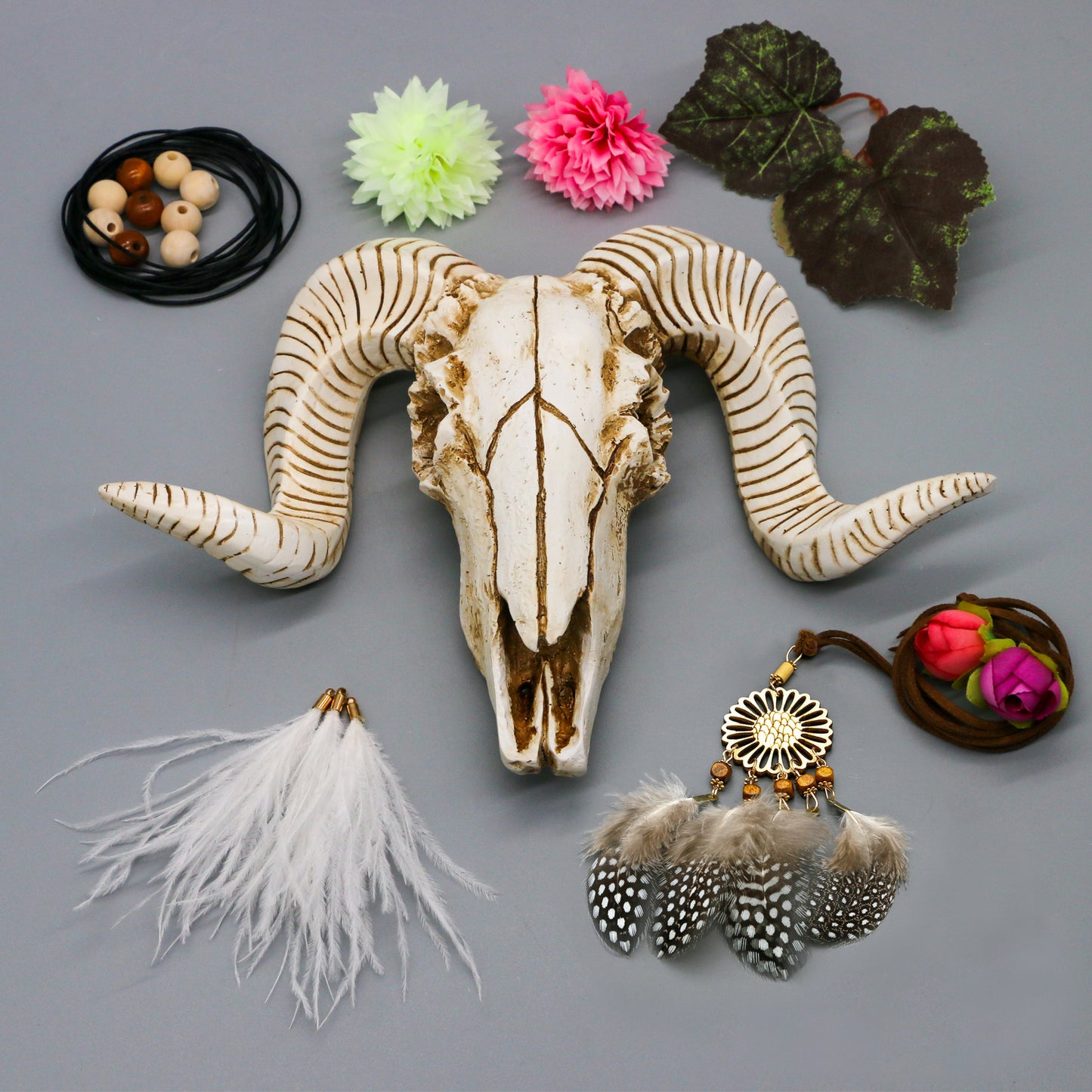 Animal Skull Head Decor - 3D DIY Flower Sheep Head Wall Hanging - Boho Chic Decor Faux Taxidermy Ram Sheep Head Wall Mount w/Dreamcatcher Feather for Bedroom Living Room 21pcs