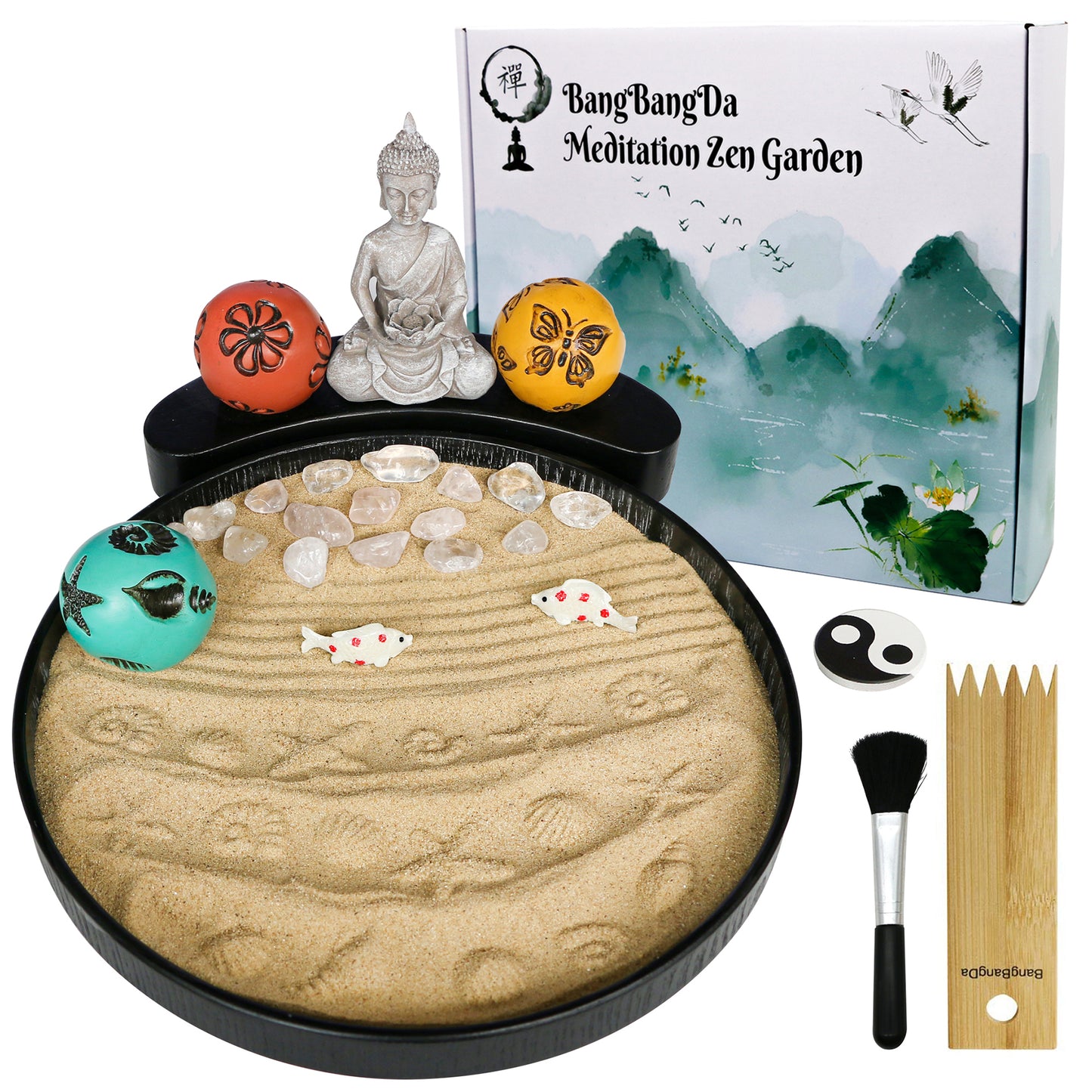 Japanese Meditation Buddha Zen Garden - Tabletop Crystal Rock Sand Zen Garden Kit for Desk Sandbox w/Zen Rake Stamp Spheres Accessories Tools Healing Stone Office Relaxation Zen Decor Zen Gifts