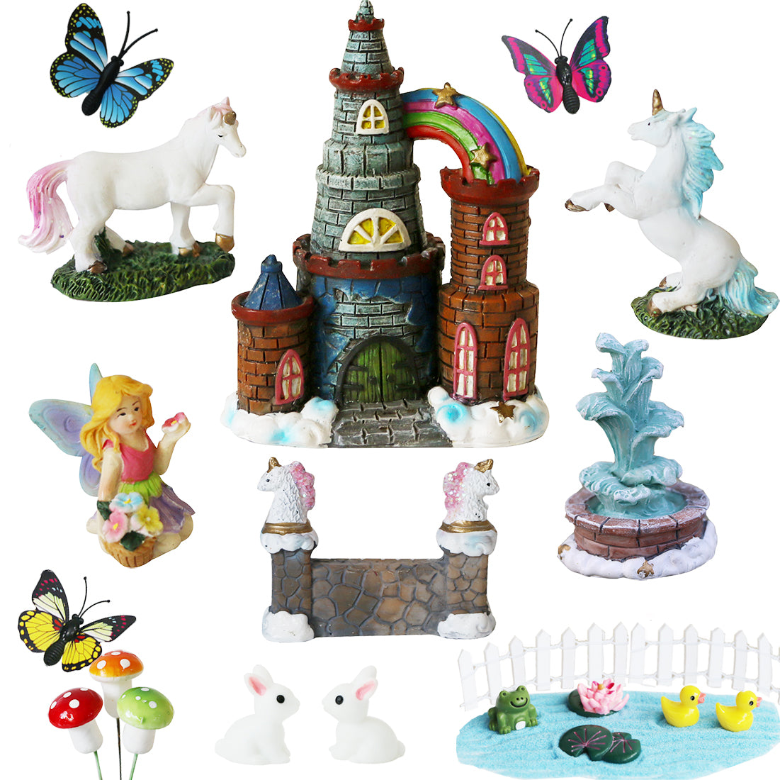 BangBangDa Unicorn Figurines Fairy Garden Accessories - Miniature Unicorn Gift Set Outdoor Garden Decoration – Fairy Figurines Castle Fountain Girl Birthday Gifts (Set of 23)