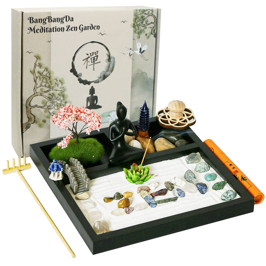 Desktop Meditation Yoga Zen Garden Kit Japanese Tabletop Rock Sand Chakra Shrine Altar Japanese Zen Decor Home Office Desk Zen Gifts for Women Man Birthday w/Rake Tool Accessories Bonsai