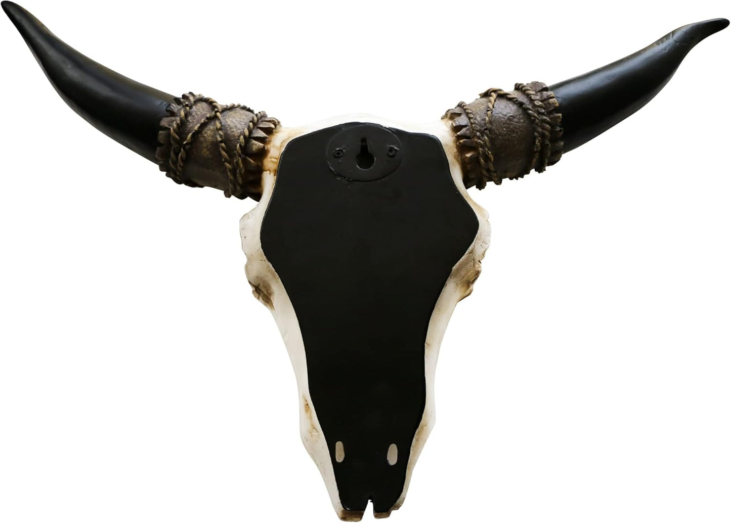 alikiki Southwestern Bull Skull Wall Decor - Faux Longhorn Head Wall Hanging - 17.7 Inch Long Bison Animal Wall Sculpture For Bedroom Living Room With Brown Feather Boho Decor