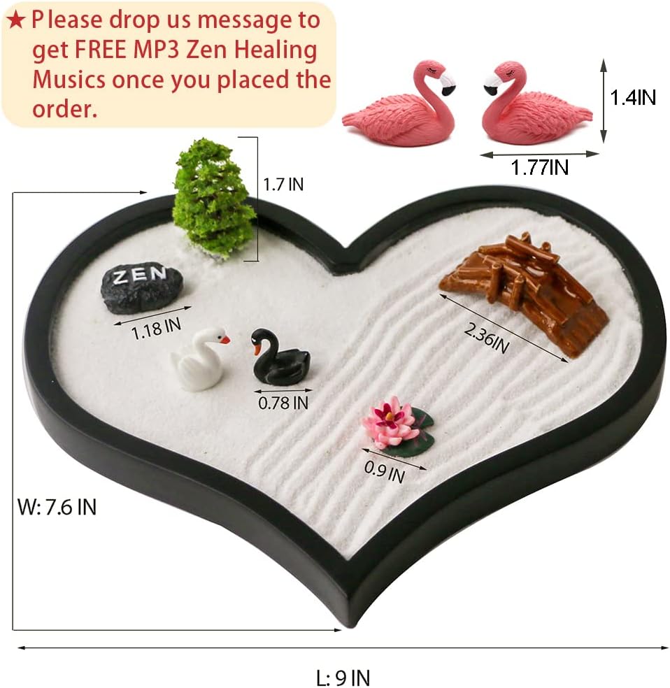 Desktop Mini Zen Garden Kit - Women Valentine's day Gifts Zen Decor Office Japanese Desk Tabletop Meditation Hear Shape Sand Garden Set Tools Rakes Miniature Accessories Unique Stress Relief Gifts