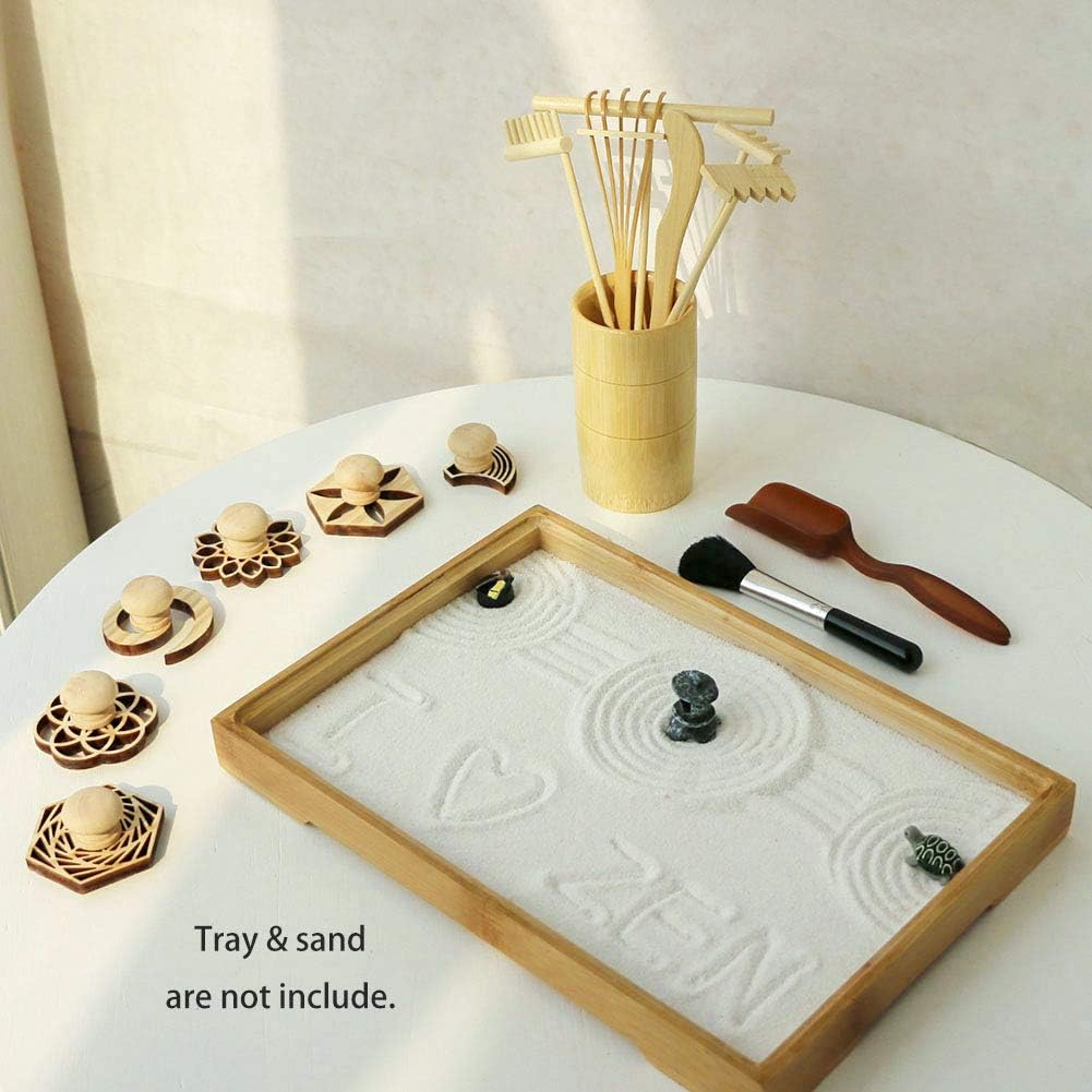 Zen Garden Rake Stamp Tools - Meditation Rock Sand Garden Accessories – Office Desktop Mini Zen Gifts for Man Women Bamboo Rakes Holder Brusher Spoon Figurines