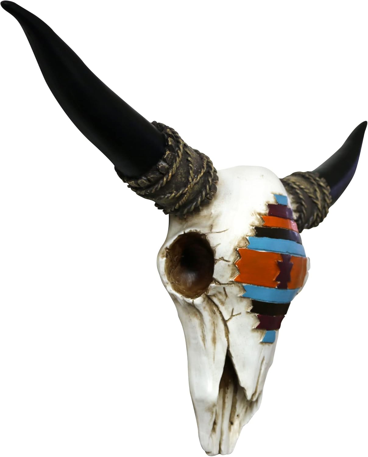 alikiki Southwestern Bull Skull Wall Decor - Faux Longhorn Head Wall Hanging - 17.7 Inch Long Bison Animal Wall Sculpture For Bedroom Living Room With Brown Feather Boho Decor