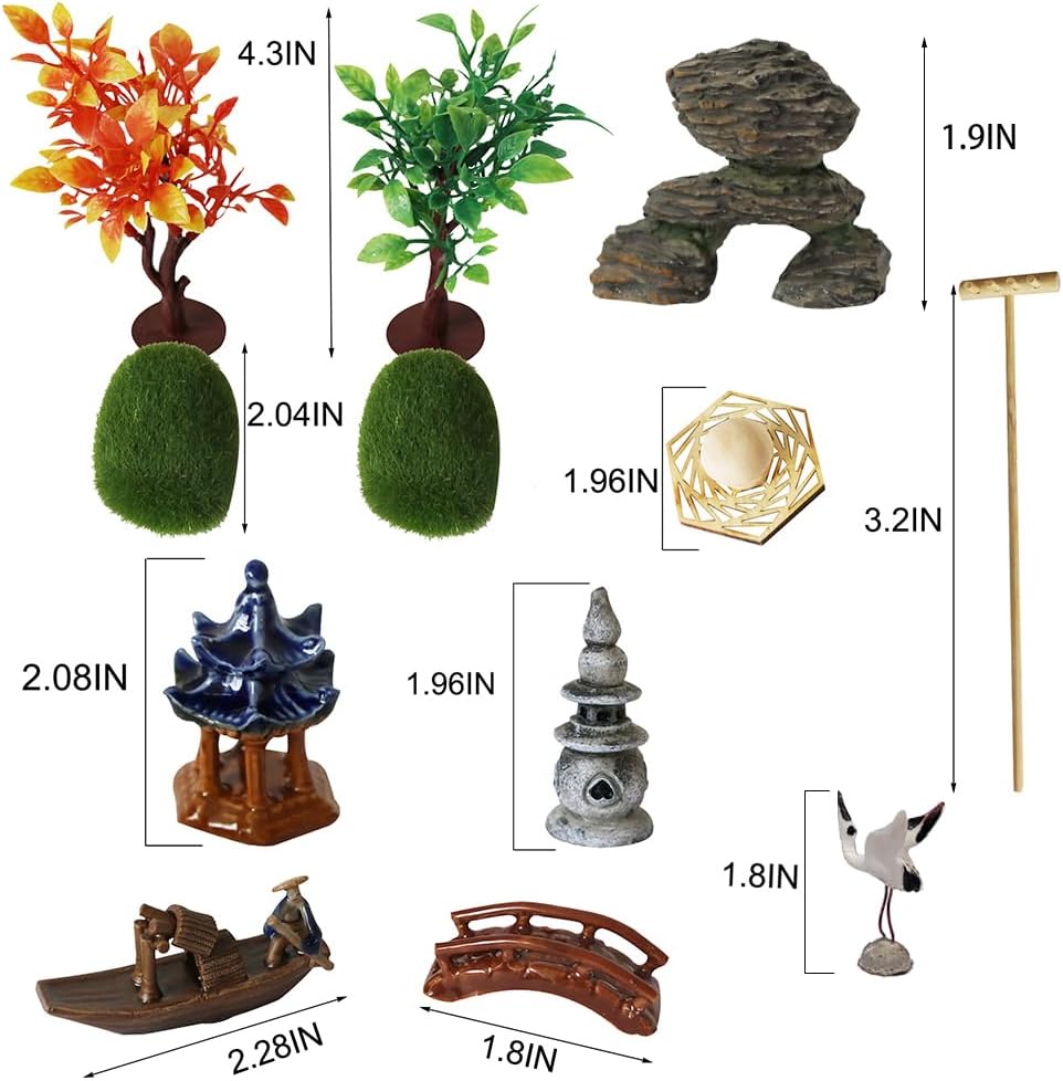 Japanese Zen Garden Accessories Kit - Japan Miniature Fairy Garden Set for Micro Landscape Terrarium Decoration Tabletop Meditation Rock Zen Gifts Zen Tool Rake Pagoda Stamp Bonsai Tress