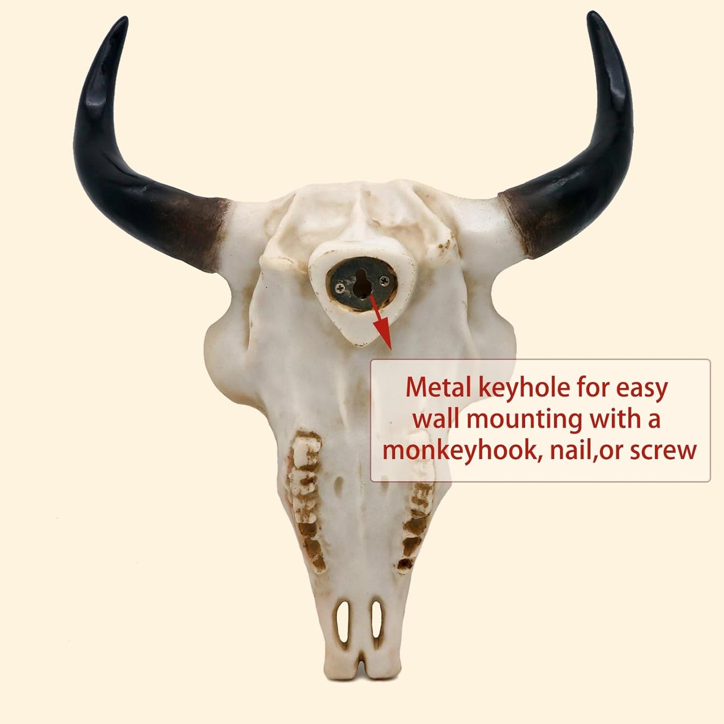 alikiki Boho cow skull decor - 9.3” L Faux Bull Skull Wall Handing Resin Animal Steer Head Skull Ornament Western Bohemia Room Ideas Decorations