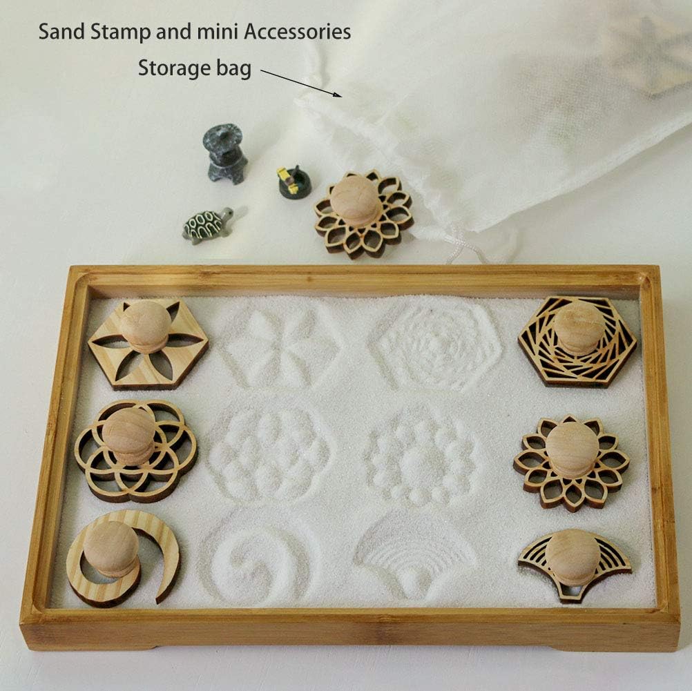 Zen Garden Rake Stamp Tools - Meditation Rock Sand Garden Accessories – Office Desktop Mini Zen Gifts for Man Women Bamboo Rakes Holder Brusher Spoon Figurines