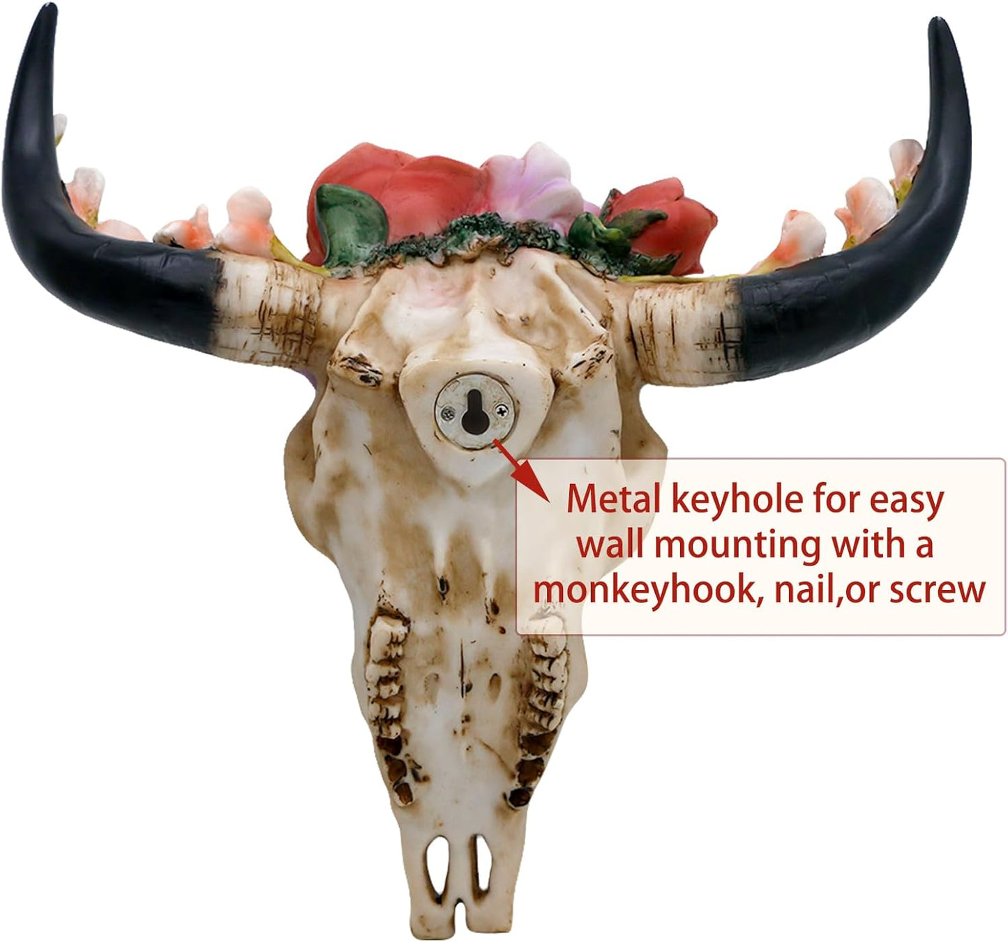 Flower Cow Skull Wall-Decor - Western Native American Longhorn Bull Head Wall Mounted Taxidermy Bison Buffalo Cattle Steer Animal Skull Wall Hanging Cowgirl Room Wall Decor Stuff Country Wall Arts