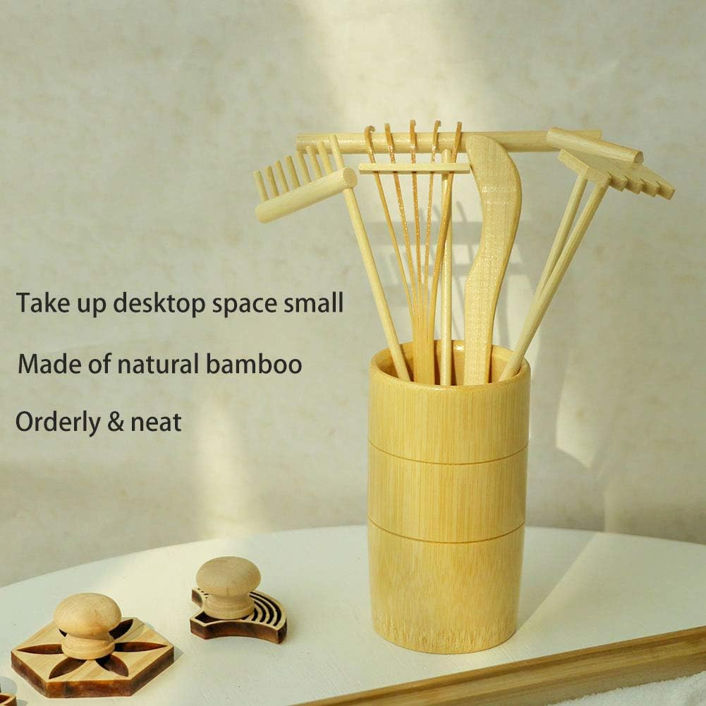 Zen Garden Rake Stamp Tools - Meditation Rock Sand Garden Accessories – Office Desktop Mini Zen Gifts for Man Women Bamboo Rakes Holder Brusher Spoon Figurines