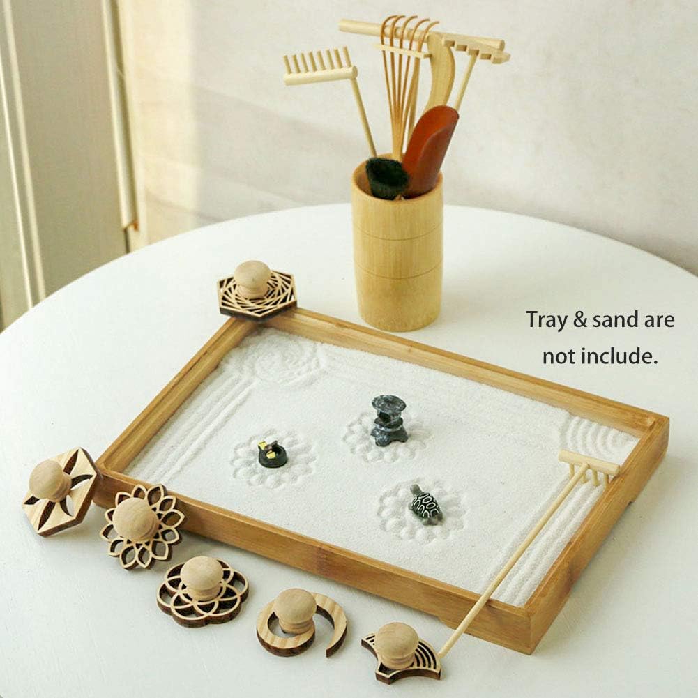 Zen Garden Rake Stamp Tools - Meditation Rock Sand Garden Accessories – Office Desktop Mini Zen Gifts for Man Women Bamboo Rakes Holder Brusher Spoon Figurines