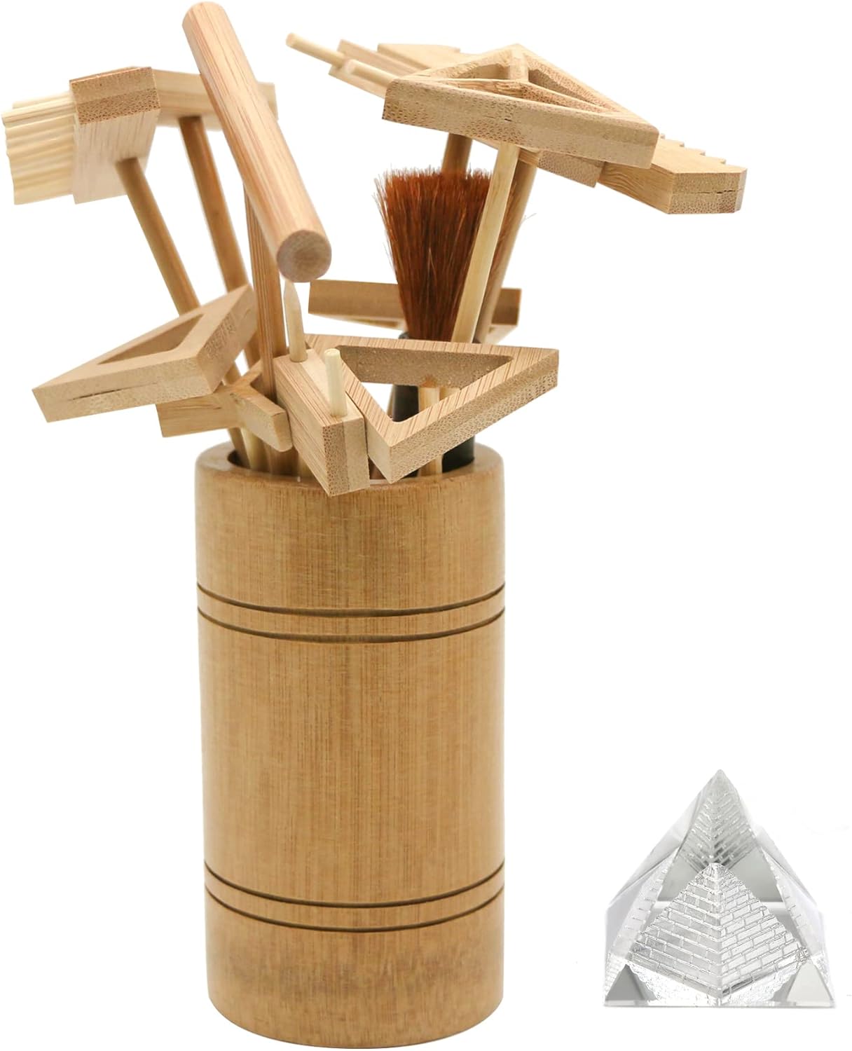 Zen Garden Rake Tool Kit - Miniature Tabletop Japanese Rock Sand Zen Garden Accessories Mini Bamboo Sand Stamp Rakes for Zen Pattern with Holder Crystal Pyramid Meditation Stress Relief Zen Gifts