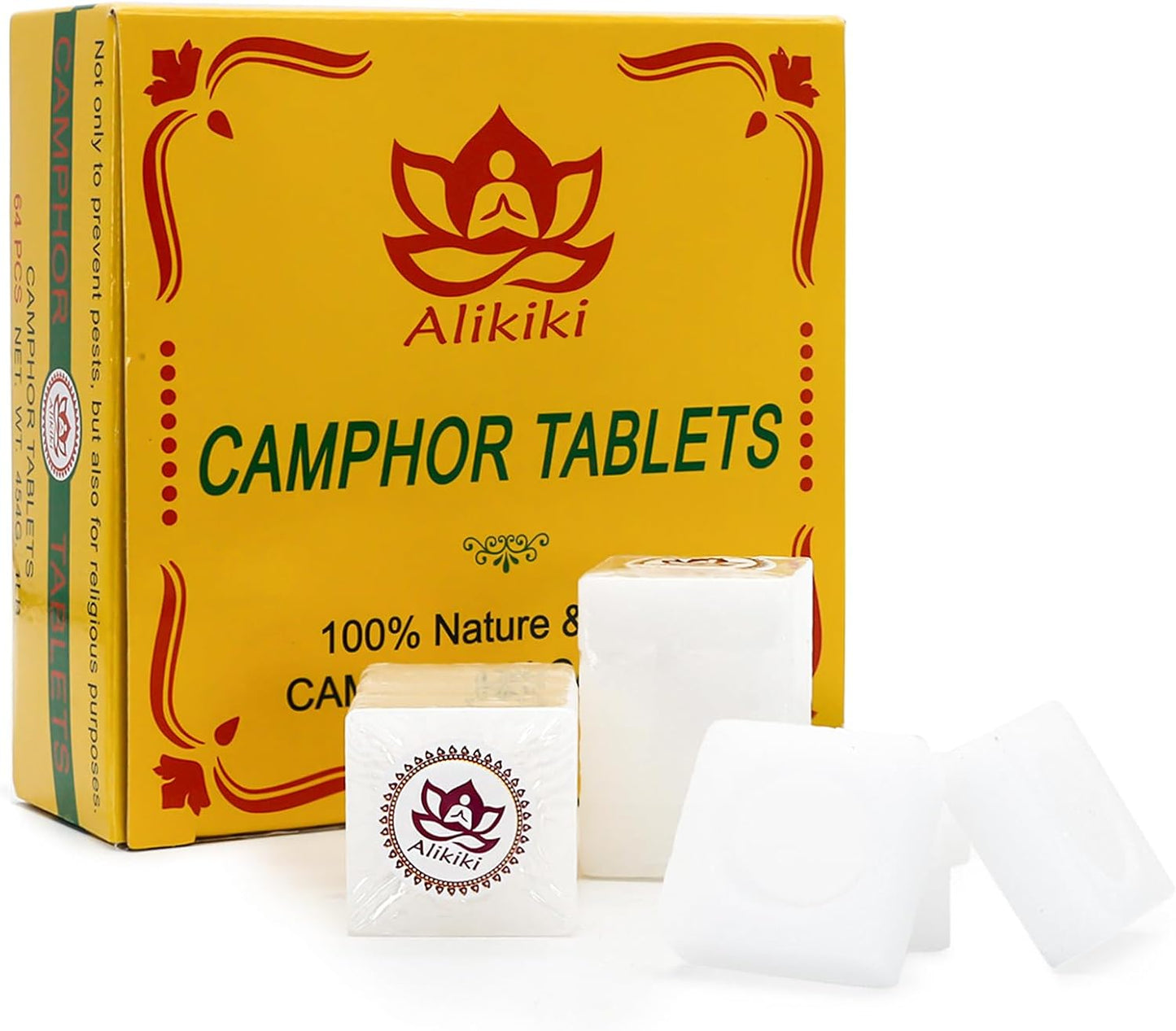 1LB Pure Camphor Tablets Cubes - 100% Natural Camphor Blocks for Indian Religious Purposes Pooja Aromatherapy, Odor Eliminator, Alcanfor,Puja Item - 64 Tablets (454G)