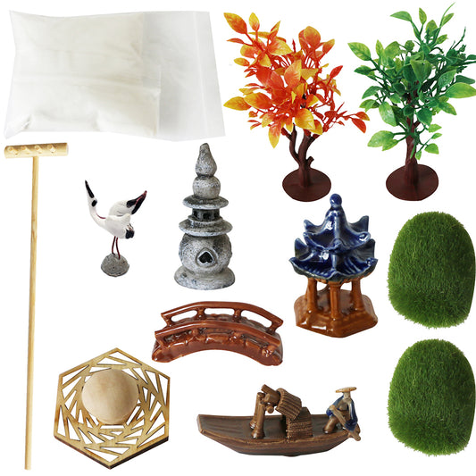 Japanese Zen Garden Accessories Kit - Japan Miniature Fairy Garden Set for Micro Landscape Terrarium Decoration Tabletop Meditation Rock Zen Gifts Zen Tool Rake Pagoda Stamp Bonsai Tress