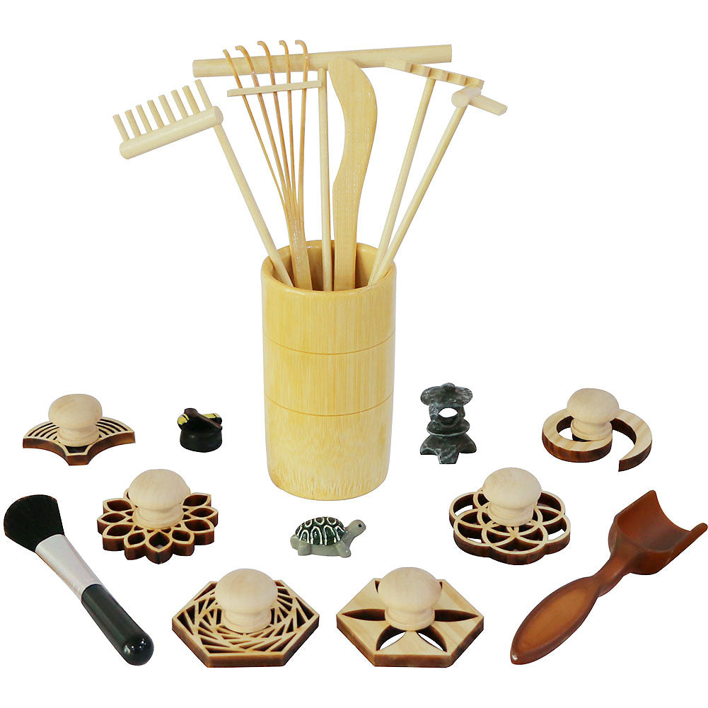 Zen Garden Rake Stamp Tools - Meditation Rock Sand Garden Accessories – Office Desktop Mini Zen Gifts for Man Women Bamboo Rakes Holder Brusher Spoon Figurines