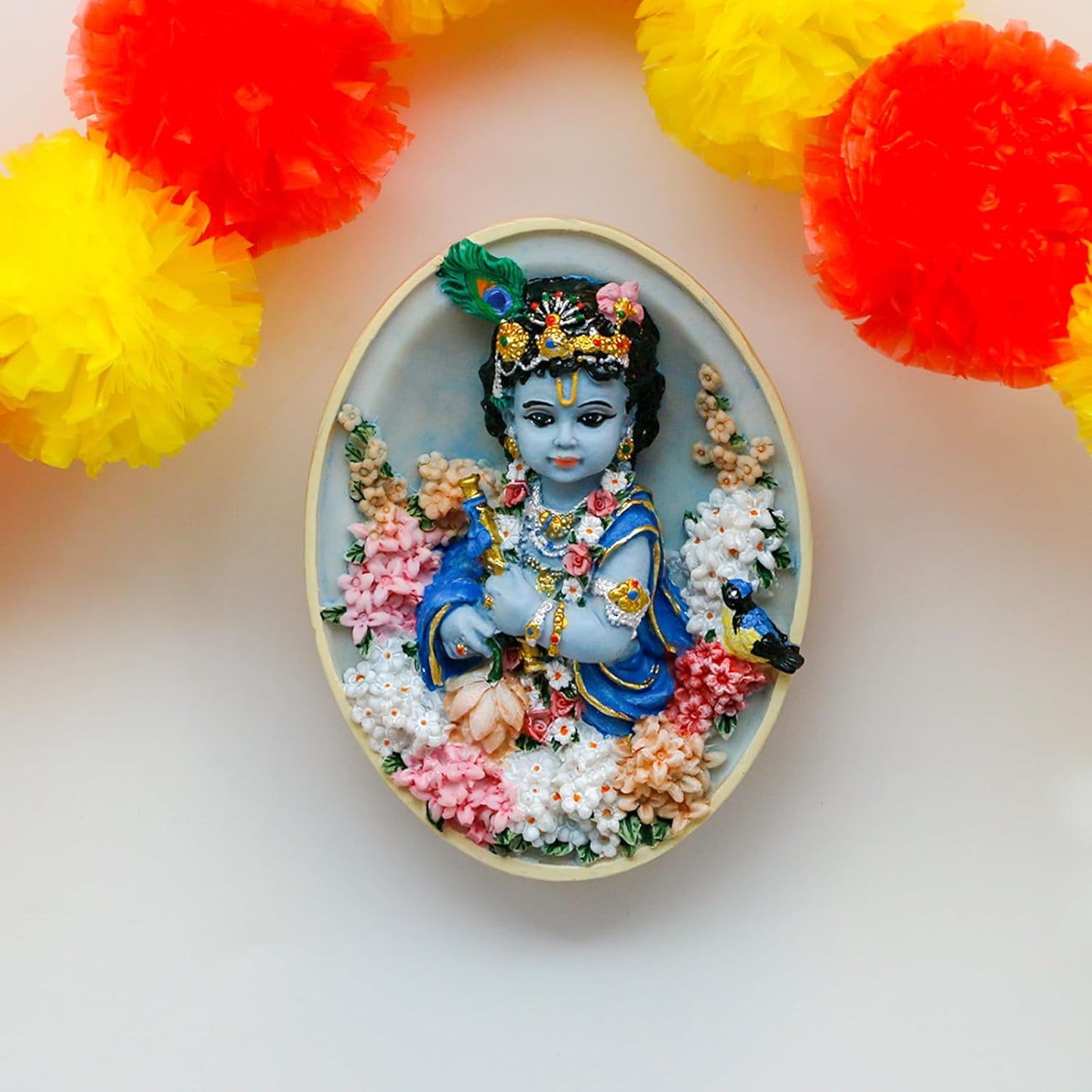 Alikiki Oval-Shape Krishna Wall Hanging - 4.6”H Hindu God Lord Baby Krishna Idol with Flute Flowers Indian Polystone Murti Pooja Figurine Home Office Altar Mandir Temple Puja Decor