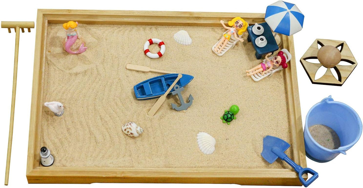 Desktop Miniature Beach Zen Garden - Mini Home Office Tabletop Sandbox Bamboo Rakes Stamps Tray Tool Accessories Kit Meditation Relaxation Decor - Stress Relief Therapy Gifts Kids Adult Father Mother