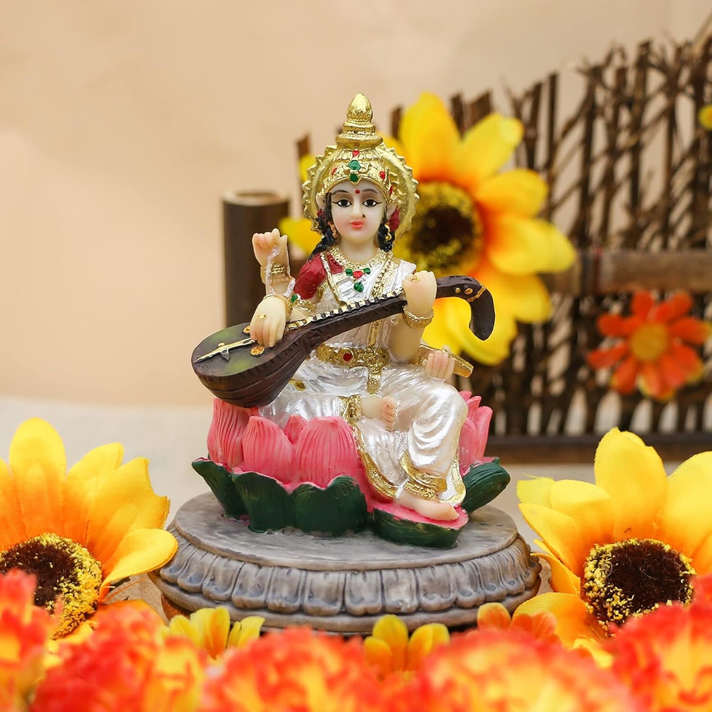 alikiki Small India Idol Sarawati Statue - 3.9”H Hindu Goddess Saraswati Figurine for Car Dashboard Decor Indian Home Office Temple Mandir Pooja Item Diwali Festival Puja Gift