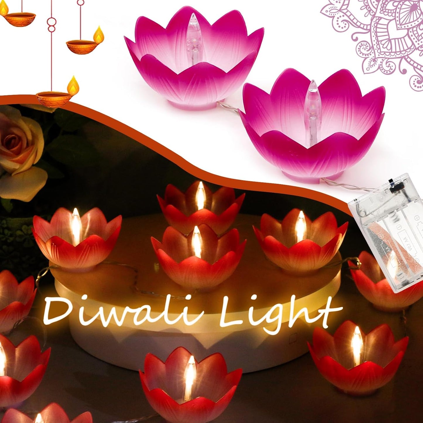 Diwali Gifts Electronic LED Diyas - Lotus Shaped Diya String Lights Diwali Pooja Item Indian Home Office Mandir Puja Decor, 10 Lotus Diyas per String, Battery Operated, Waterproof, Lasts 100+ Hours