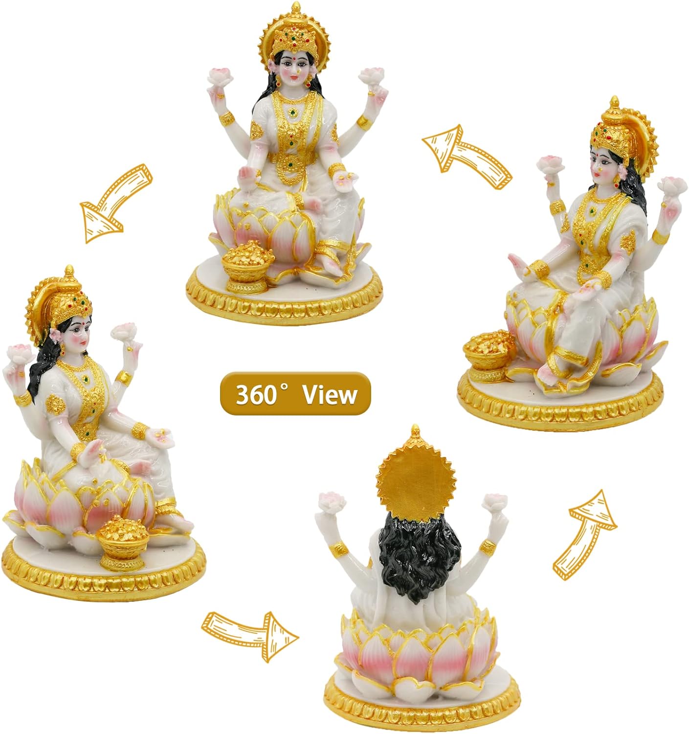 Indian Goddess Meditation Lakshmi Figurine - 5.7”H Marble Look Murti Laxmi Idol Statue for Home Office Temple Mandir Pooja Item Puja Decor Diwali Gifts Indian Spiritual Decor Gift