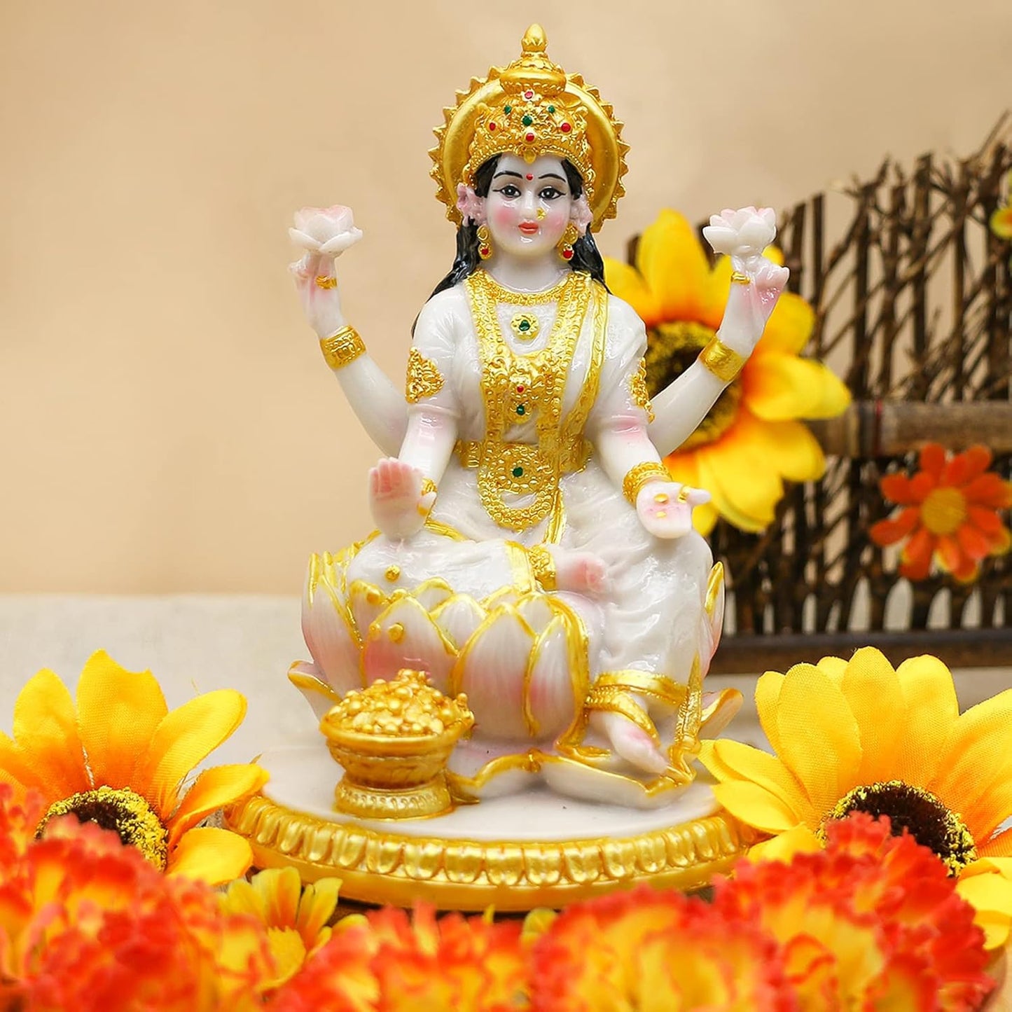 Indian Goddess Meditation Lakshmi Figurine - 5.7”H Marble Look Murti Laxmi Idol Statue for Home Office Temple Mandir Pooja Item Puja Decor Diwali Gifts Indian Spiritual Decor Gift