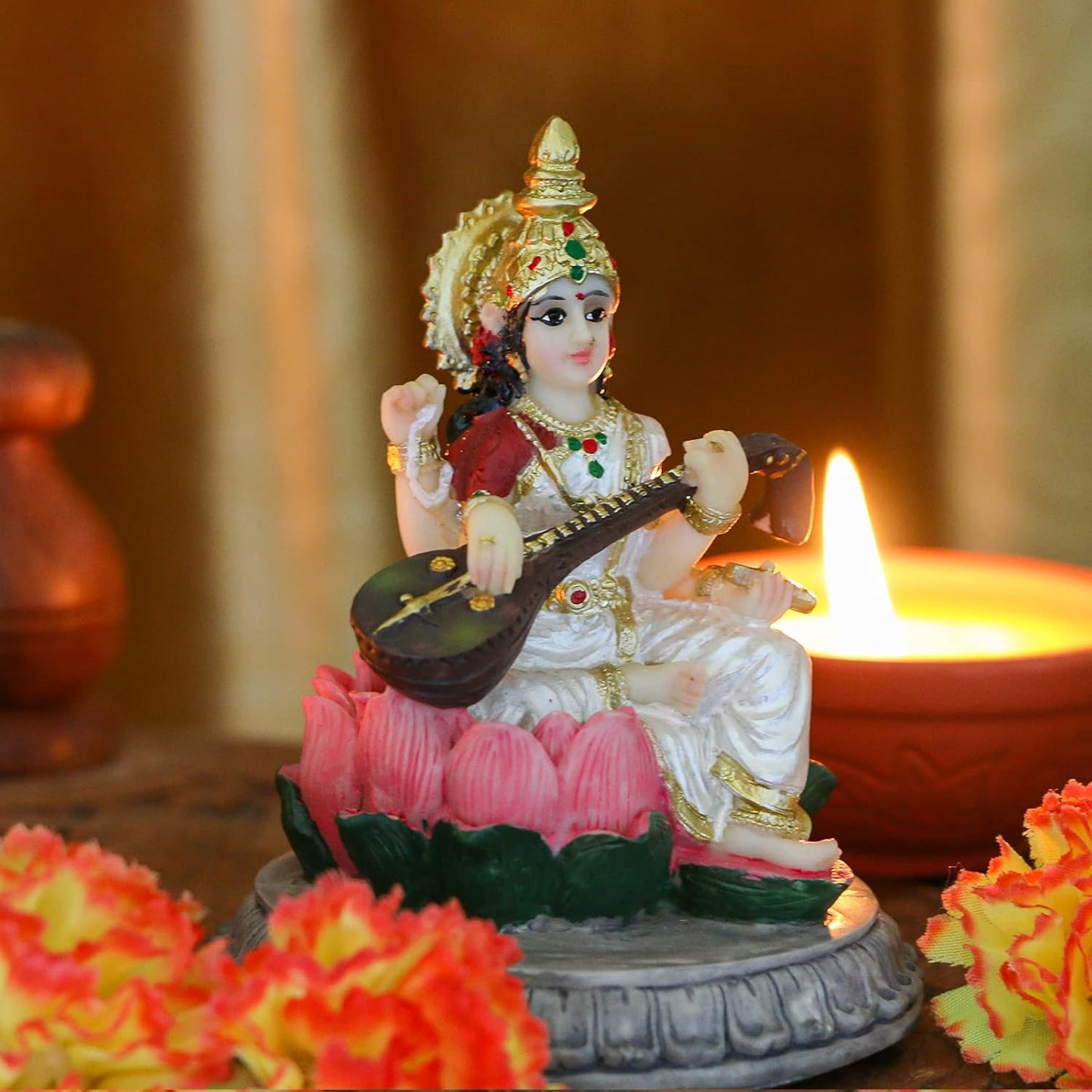 alikiki Small India Idol Sarawati Statue - 3.9”H Hindu Goddess Saraswati Figurine for Car Dashboard Decor Indian Home Office Temple Mandir Pooja Item Diwali Festival Puja Gift