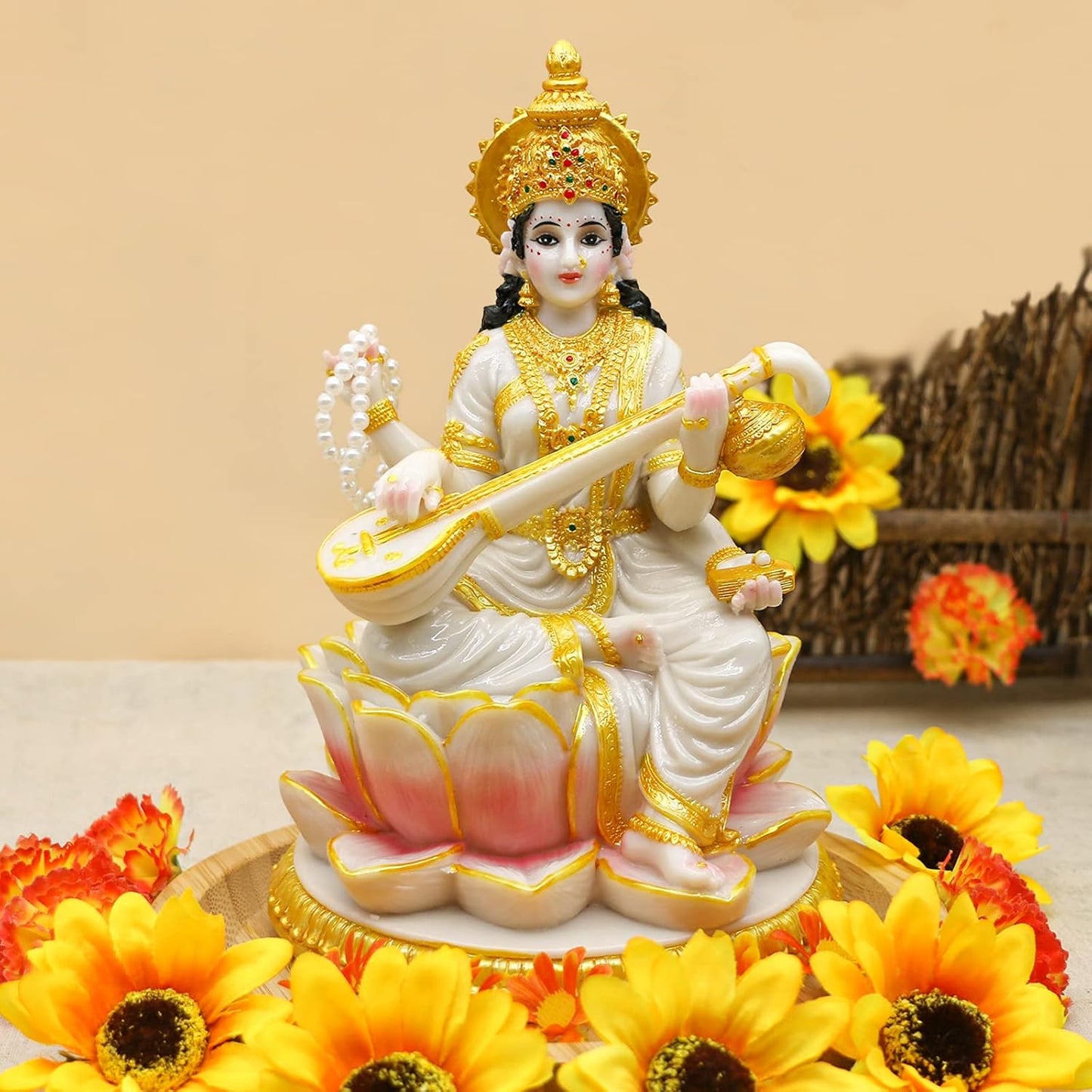 Big Hindu Goddess Saraswati Statue - 8.7”H Marble Look Indian Idol Saraswati Figurine India Diwali Murti Pooja Sculpture Home Office Temple Mandir Puja Item Altar Shrine Spiritual Decor