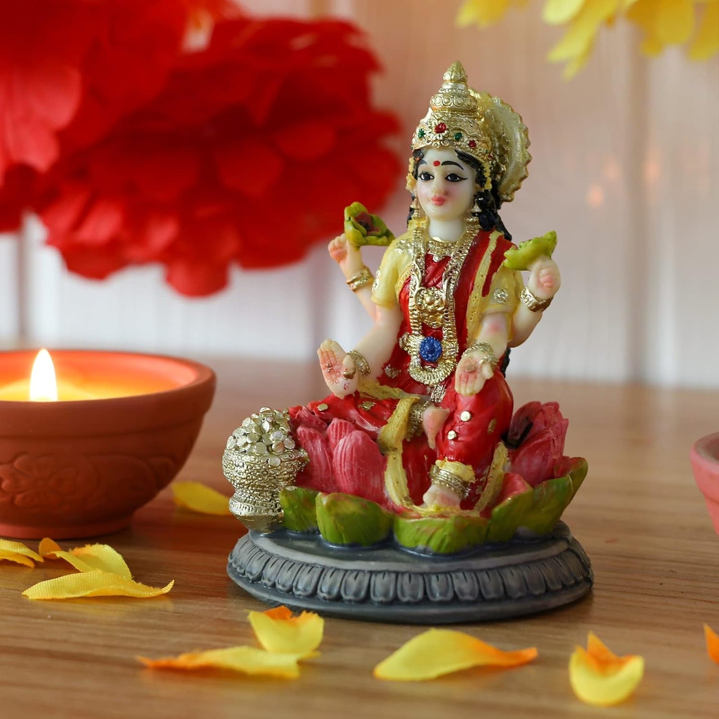 Small Hindu Goddess Lakshmi Statue - 3.9”H Indian Ido Laxmi Figurine for Car Dash Board Decor Home Office Mandir Temple Altar Shrine Pooja Item Murti for Diwali Puja Gifts